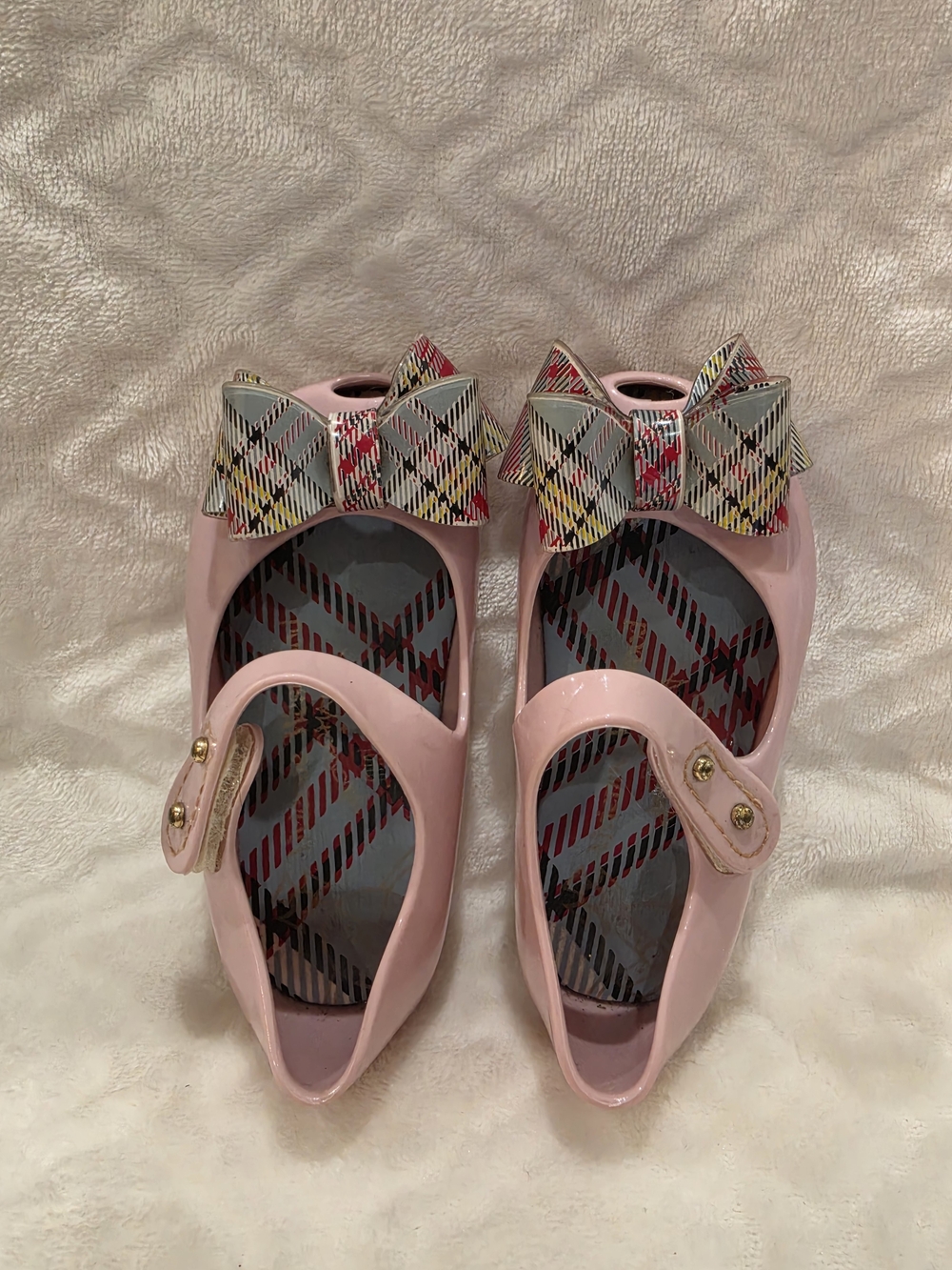 Mini Melissa Kids Sz 6 Toddler. Pre-loved. Pink w/Plaid Bow Mary Jane Flats